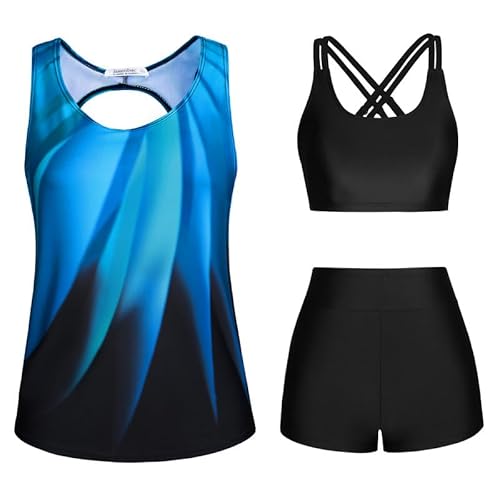 JASAMBAC Tankini Mit Shorts,Badeanzug Damen Bauchweg.3-Teiliger Bikini Damen Set,Push-Up-Bikinioberteil Und High Waist Badeshorts,Einfache Badebekleidung, Sport-BadeanzüGe von JASAMBAC