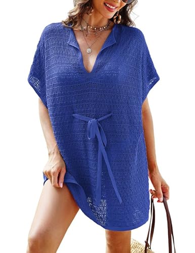 JASAMBAC pareos & Strandkleider für Damen，Übergröße strandtunika,gestrickter Bikini Cover Up,ausgehöhlte Pareos,Sommer Strandkleider,gehäkelte Bademode Strandkleider mit Gürtel von JASAMBAC