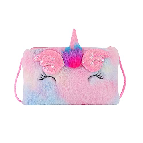 JASASCCEL Damen Kinder Mädchen Niedliche Einhorn Crossbody Geldbörse Fuzzy Plüsch Tie Dye Regenbogen Schulter Messenger Taschen Handtasche Geldbörse, Krawattenfarbe Pink, Einheitsgröße von JASASCCEL