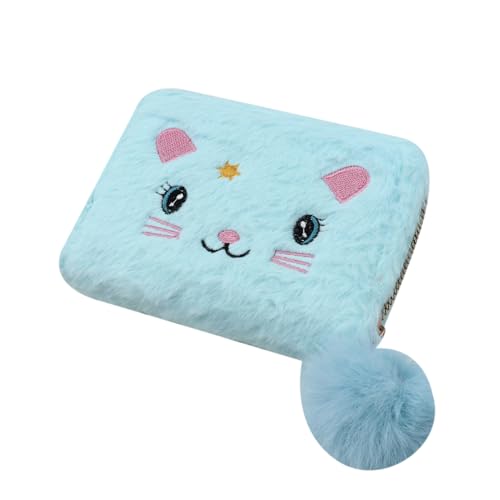 JASASCCEL Kleine Geldbörse mit Reißverschluss, flauschig, Plüsch, schlanke Brieftasche mit Bommel-Anhänger für Frauen und Mädchen, niedliche Katze, Kartenetui, Halter Tasche, Blau, Einheitsgröße von JASASCCEL