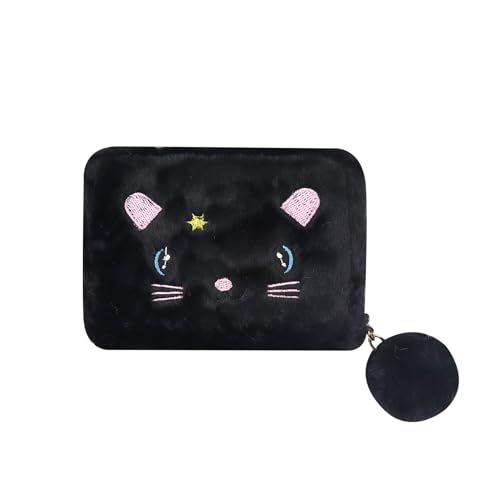 JASASCCEL Kleine Geldbörse mit Reißverschluss, flauschig, Plüsch, schlanke Brieftasche mit Bommel-Anhänger für Frauen und Mädchen, niedliche Katze, Kartenetui, Halter Tasche, Schwarz, Einheitsgröße von JASASCCEL