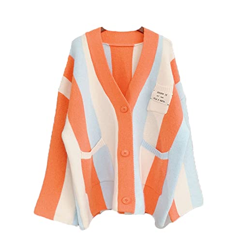 JASCLS Damen-Strickjacke, langärmelig, Farbblock, grobes Zopfmuster, Oversized-Pullover, Rainbow Orange, Mittel von JASCLS