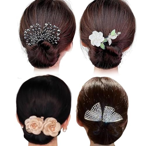 2/4 Stück Strass-Blumen-Haarspange, Lazy Hair Curler Deft Dutt Maker, einfacher Zopfmacher, französische elegante Haarspange für Frauen, Dutt Maker für langes Haar (4 Stück A) von JASUBAI