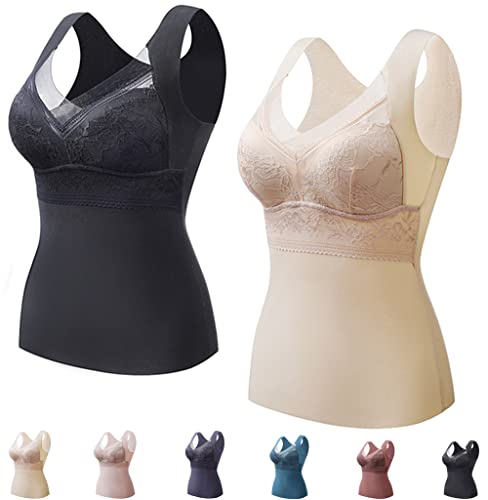 2-In-1 Built-In Bra Thermal Underwear Women, BH Hemd Damen mit Cups, BH Hemdchen Ohne BüGel, Top mit Integriertem BH, Thermo Unterhemd äRmellose Shirts Frauen V-Ausschnitt Weste (2 Stück A,3XL) von JASUBAI