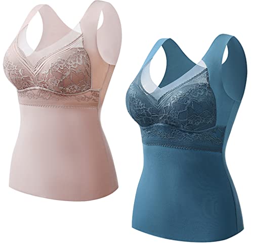 2-In-1 Built-In Bra Thermal Underwear Women, BH Hemd Damen mit Cups, BH Hemdchen Ohne BüGel, Top mit Integriertem BH, Thermo Unterhemd äRmellose Shirts Frauen V-Ausschnitt Weste (2 Stück B,3XL) von JASUBAI