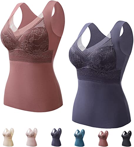 2-In-1 Built-In Bra Thermal Underwear Women, BH Hemd Damen mit Cups, BH Hemdchen Ohne BüGel, Top mit Integriertem BH, Thermo Unterhemd äRmellose Shirts Frauen V-Ausschnitt Weste (2 Stück C,4XL) von JASUBAI