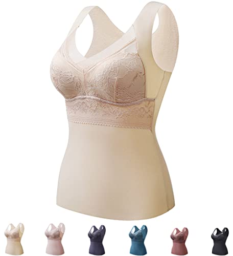 2-In-1 Built-In Bra Thermal Underwear Women, BH Hemd Damen mit Cups, BH Hemdchen Ohne BüGel, Top mit Integriertem BH, Thermo Unterhemd äRmellose Shirts Frauen V-Ausschnitt Weste (Beige,L) von JASUBAI