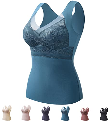 2-In-1 Built-In Bra Thermal Underwear Women, BH Hemd Damen mit Cups, BH Hemdchen Ohne BüGel, Top mit Integriertem BH, Thermo Unterhemd äRmellose Shirts Frauen V-Ausschnitt Weste (Blau,XXL) von JASUBAI