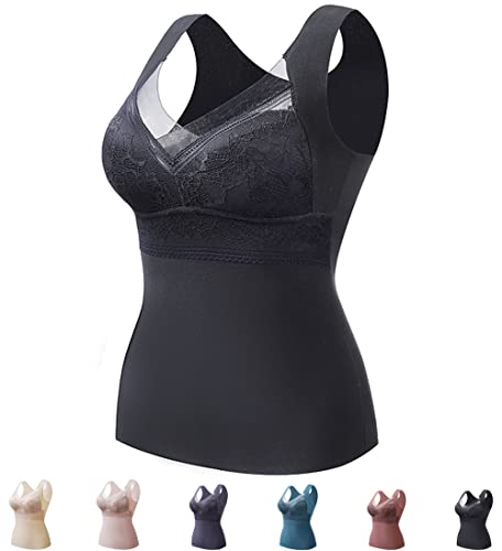 2-In-1 Built-In Bra Thermal Underwear Women, BH Hemd Damen mit Cups, BH Hemdchen Ohne BüGel, Top mit Integriertem BH, Thermo Unterhemd äRmellose Shirts Frauen V-Ausschnitt Weste (Schwarz,3XL) von JASUBAI