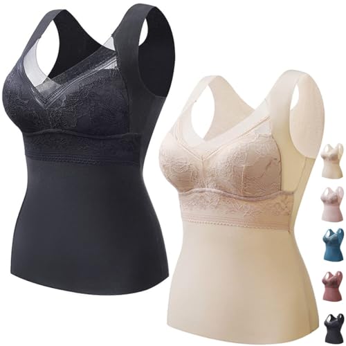 Bh Hemdchen Ohne BüGel Warme Thermo Underwear Cests Unterhemd Bh Hemd Damen Mit Cups, Thermohemd Tanktops Frauen, Top Mit Integriertem Bh, ThermounterwäSche V-Ausschnitt Tank Top (2 Stück A,XXL) von JASUBAI