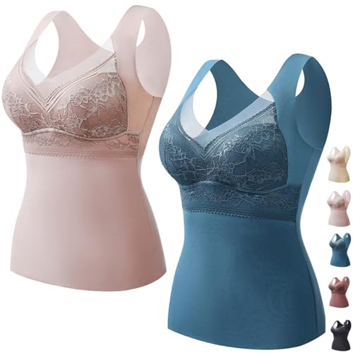 Bh Hemdchen Ohne BüGel Warme Thermo Underwear Cests Unterhemd Bh Hemd Damen Mit Cups, Thermohemd Tanktops Frauen, Top Mit Integriertem Bh, ThermounterwäSche V-Ausschnitt Tank Top (2 Stück B,3XL) von JASUBAI