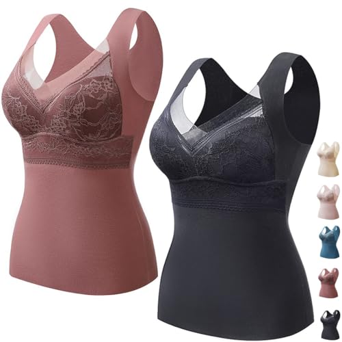 Bh Hemdchen Ohne BüGel Warme Thermo Underwear Cests Unterhemd Bh Hemd Damen Mit Cups, Thermohemd Tanktops Frauen, Top Mit Integriertem Bh, ThermounterwäSche V-Ausschnitt Tank Top (2 Stück C,L) von JASUBAI
