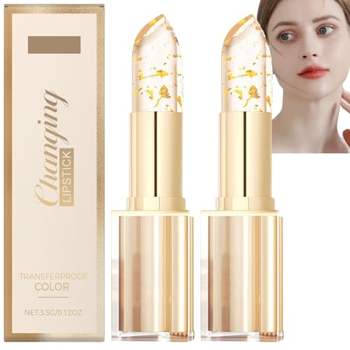 Fenvio Lippenstift, Transparente Transferproof Gold Crystal Color Changing Lip Stick, 24h Long Lasting Moisturizing, Clear To Pink Full-Looking Tinted Lip Gloss, Plumping Shine für Frauen (2 Stück) von JASUBAI