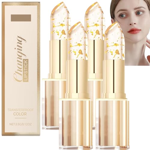 Fenvio Lippenstift, Transparente Transferproof Gold Crystal Color Changing Lip Stick, 24h Long Lasting Moisturizing, Clear To Pink Full-Looking Tinted Lip Gloss, Plumping Shine für Frauen (4Stück) von JASUBAI