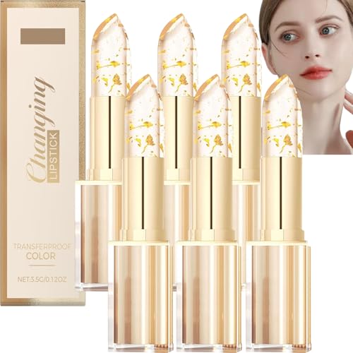 Fenvio Lippenstift, Transparente Transferproof Gold Crystal Color Changing Lip Stick, 24h Long Lasting Moisturizing, Clear To Pink Full-Looking Tinted Lip Gloss, Plumping Shine für Frauen (6Stück) von JASUBAI
