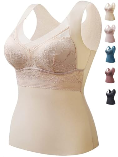 JASUBAI BH Hemdchen Ohne BüGel Warme Thermo Underwear Cests Unterhemd BH Hemd Damen Mit Cups, Thermohemd Tanktops Frauen, Top Mit Integriertem BH, ThermounterwäSche V-Ausschnitt Tank Top (Haut,L) von JASUBAI