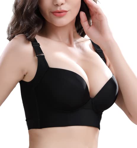 JASUBAI Back Smoothing Bra, Women's Filifit Sculpting Uplift Bra, Full Coverage Deep Cup Bra Hide Back Fat Posture Corrector Wireless Push Up Bra (Schwarz,90B) von JASUBAI