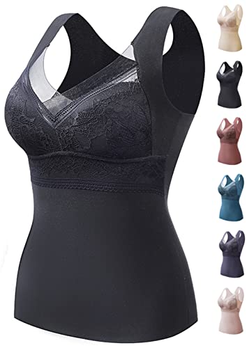 JASUBAI Thermal Underwear Women, BH Hemdchen Ohne BüGel BH Hemd Damen mit Cups, Leibchen Spitze V-Ausschnitt Thermoshirt Sleeveless Fleece Lined Tank Top Mit Integriertem BH (Schwarz,4XL) von JASUBAI