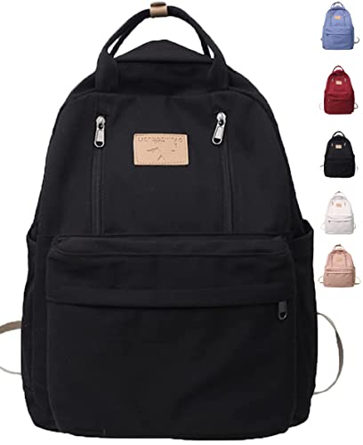Preppy School Backpack for Teens Girls, Green Backpack Aesthetic Simple Cute Lightweight Black Beige School Bag (Black) von JASUBAI