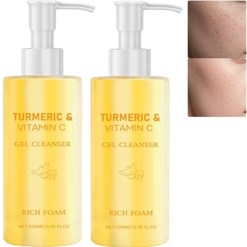 Turmeric Face Wash with Vitamin C, schäumender Gesichtsreiniger für Frauen und Männer, Aufhellung eines gleichmäßigen Hauttons, sanftes Peeling-Gel, tiefe Hydratation beruhigt die Haut (2 Stück) von JASUBAI