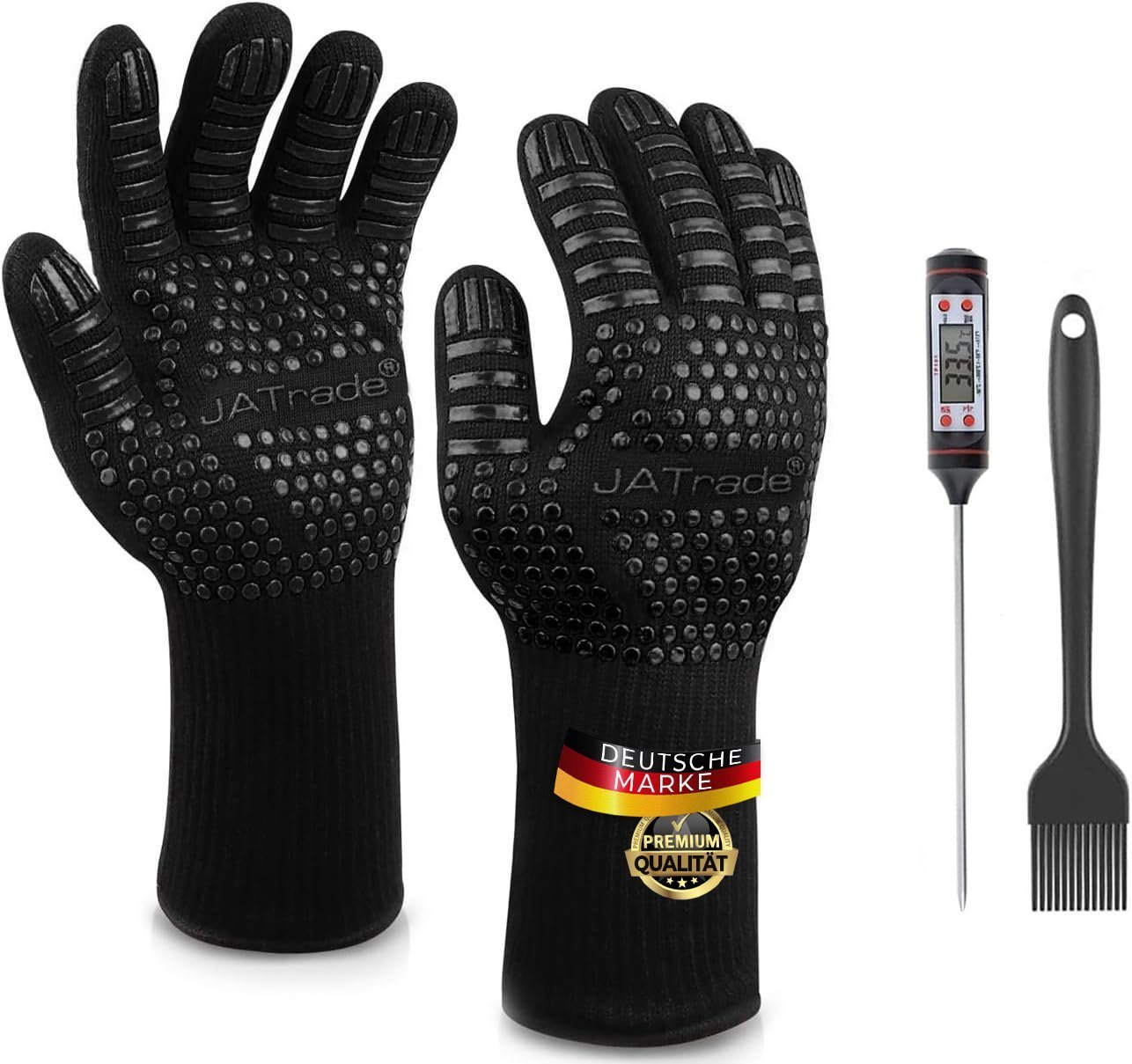 JATrade Grillhandschuhe hitzebeständig mit Grillthermometer & Marinierpinsel Grill Dutch Oven, (1 Paar Grillhandschuhe, 1 Grillthermometer, 1 Marinierpinsel), Ideal auch für Backofen, Kamin, Smoker und als Geschenk! von JATrade