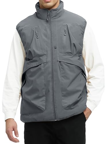 JAWERU Herren-Oberbekleidung, Winterweste, warm, wasserabweisend, mit Fleece gefüttert, Stehkragen, lässig, Outdoor, ärmellose Jacke, grau dunkel, XL von JAWERU