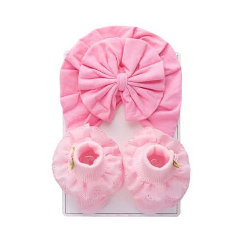 1Set Baby Mütze Mädchen Baumwolle Turban Hüte Socken Set, Neugeborenen Hut mit Schleifen Rutschfeste Socken Baby elastische Beanie Hut Baumwolle Säuglingssocken für Neugeborene Junge Mädchen von JAWSEU