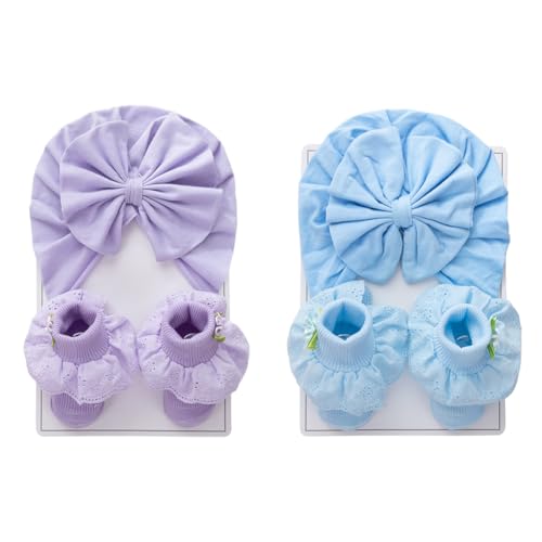2Set Baby Mütze Mädchen Baumwolle Turban Hüte Socken Set, Neugeborenen Hut mit Schleifen Rutschfeste Socken Baby elastische Beanie Hut Baumwolle Säuglingssocken für Neugeborene Junge Mädchen von JAWSEU