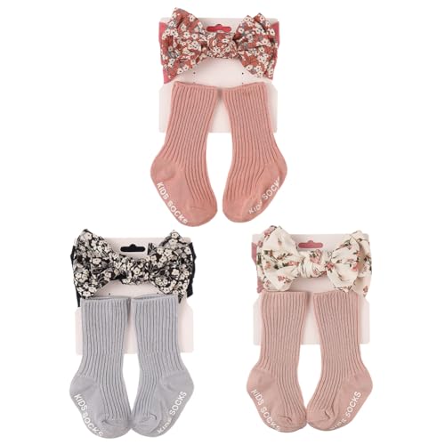 3Set Baby Stirnband Socken, Baby Haarbänder Schleifen für Mädchen weiche Schleife Kopfbedeckung Rutschfeste Socken elastische Haarbänder Baumwolle Säuglingssocken für Baby Jungen Mädchen von JAWSEU
