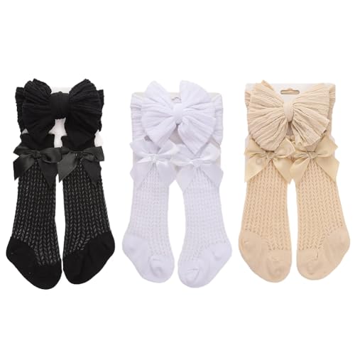 3Set Baby Stirnband Socken, Baby Haarbänder Schleifen für Mädchen weiche Schleife Kopfbedeckung Rutschfeste Socken elastische Haarbänder Baumwolle Säuglingssocken für Kleinkinder Neugeborene von JAWSEU