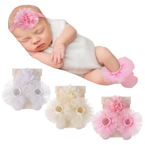 3Set Baby Stirnband Socken Set, Baby Blume Haarbänder Mädchen weiche Blume Kopfbedeckung Rutschfeste Socken Baby elastische Haarbänder Baumwolle Säuglingssocken für Neugeborene Junge Mädchen von JAWSEU