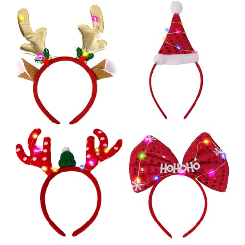4pcs Weihnachts Stirnband mit LED Weihnachtsbaum Geweih Haarreif Weihnachts Santa Kopfschmuck Weihnachtsgeweih Haarbänder mit LED Weihnachtsmann Kopfbedeckung Geweih Stirnband mit LED von JAWSEU