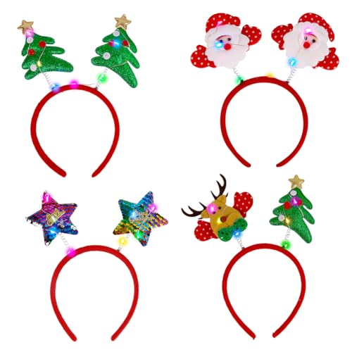 4pcs Weihnachts Stirnband mit LED Weihnachtsbaum Geweih Haarreif Weihnachts Santa Kopfschmuck Weihnachtsgeweih Haarbänder mit LED Weihnachtsmann Kopfbedeckung Geweih Stirnband mit LED von JAWSEU