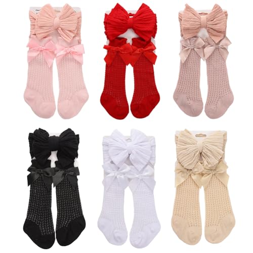 6Set Baby Stirnband Socken, Baby Haarbänder Schleifen für Mädchen weiche Schleife Kopfbedeckung Rutschfeste Socken elastische Haarbänder Baumwolle Säuglingssocken für Kleinkinder Neugeborene von JAWSEU