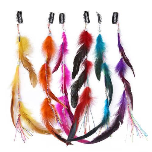 6pcs Boho Hippie Feder Haarverlängerungen Feder Haarspangen Indischer Kopfschmuck Federhaarverlängerungs Indianer Feder Haarnadel Kopfschmuck für Frauen Mädchen Party Festival DIY Dekor von JAWSEU