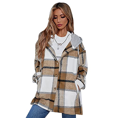JAWSEU Damen Flanell Kariertes Hemd Bluse Tops Langarm Casual Plaid Button Down Übergroße Übergangsjacke mit Kapuze, Damen Hemd Gesteppte Holzfällerjacke, Mode Freizeithemd Khaki XL von JAWSEU
