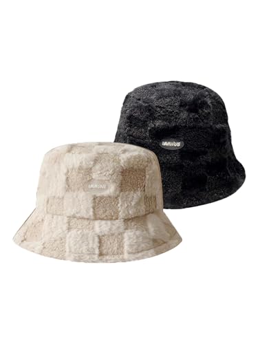 JAWSEU 2pcs Bucket Hat Winter Kunstpelz Fischerhut Damen Fell Wintermütze Wolle Anglerhut Warmer Fischermütze Lässiger Winter Flauschiger Warmer Hut Fischerhut Bucket Hat Winter Wärmer Eimer Hut von JAWSEU