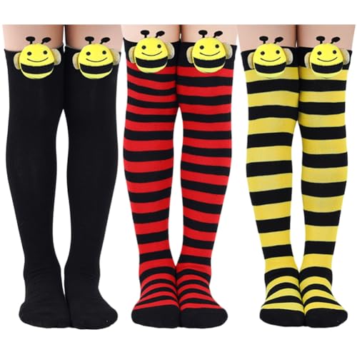 JAWSEU 3 Paar Kinder Bunte Gestreifte Regenbogen Biene Socken Sportsocken Baumwollsocken Bunte Ringelsocken Kniestrümpfe Christmas Thigh High Socks Bunte Oberschenkel Hohe Socken für Damen Mädchen von JAWSEU