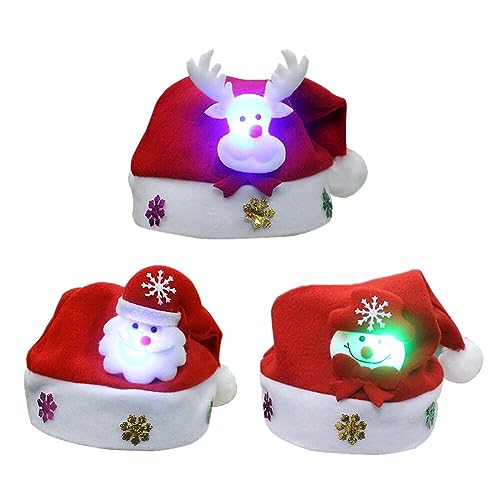 JAWSEU 3 Stück Leuchtende Weihnachtsmütze, LED Plüsch-Weihnachtsmütze Weihnachten Beanie Mütze Warme Kappe Unisex Wintermütze Nikolausmütze Schneemütze für den Außenbereich Partygeschenk von JAWSEU