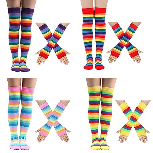 JAWSEU 4 Paar Regenbogen Fingerlose Handschuhe Kniestrümpfe Regenbogen Oberschenkel Hohe Socken Overknee Strümpfe Fingerlose Handschuhe Hülsen-Set für Damen Mädchen Party Stützen Kostüm Halloween von JAWSEU