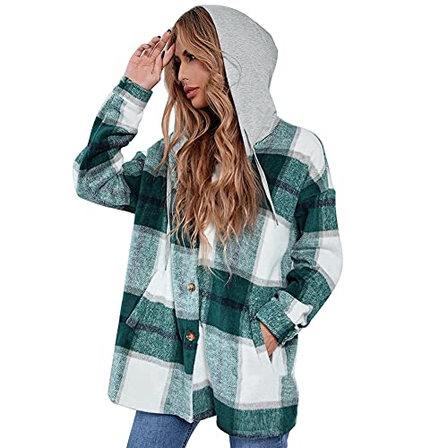 JAWSEU Damen Flanell Kariertes Hemd Bluse Tops Langarm Casual Plaid Button Down Übergroße Übergangsjacke mit Kapuze, Damen Hemd Gesteppte Holzfällerjacke, Mode Freizeithemd Grün S von JAWSEU