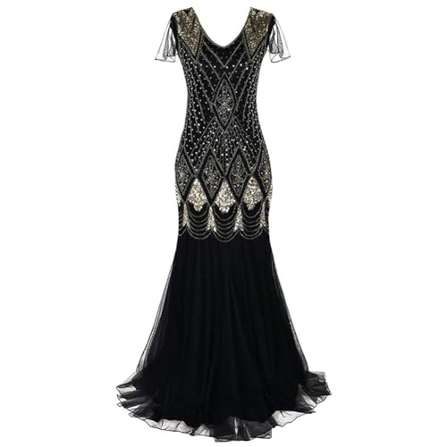 JAWSEU Partykleid Damen Lang Abendkleid 20er Jahre Kleid Flapper Great Gatsby 1920er Hochzeit Kostüm Pailletten Langes Abendkleid Cocktail Abendkleid Ballkleid 20er Jahre Kostüm Abschlussballkleid von JAWSEU
