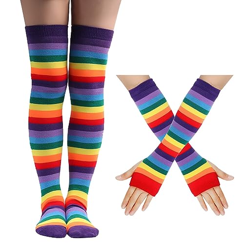 JAWSEU Regenbogen Fingerlose Handschuhe Kniestrümpfe Regenbogen Oberschenkel Hohe Socken Overknee Strümpfe Fingerlose Handschuhe Hülsen-Set für Damen Mädchen Party Stützen Kostüm Halloween von JAWSEU