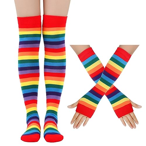 JAWSEU Regenbogen Fingerlose Handschuhe Kniestrümpfe Regenbogen Oberschenkel Hohe Socken Overknee Strümpfe Fingerlose Handschuhe Hülsen-Set für Damen Mädchen Party Stützen Kostüm Halloween von JAWSEU