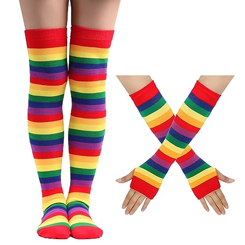 JAWSEU Regenbogen Fingerlose Handschuhe Kniestrümpfe Regenbogen Oberschenkel Hohe Socken Overknee Strümpfe Fingerlose Handschuhe Hülsen-Set für Damen Mädchen Party Stützen Kostüm Halloween JAWSEU Regenbogen Fingerlose Handschuhe Kniestrümpfe Regenbogen Oberschenkel Hohe Socken Overknee Strümpfe Fingerlose Handschuhe Hülsen-Set für Damen Mädchen Party Stützen Kostüm Halloween von JAWSEU