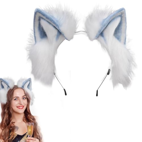 JAWUZ 1 Stück Therian Katzenohren Haarreif Erwachsene, Einstellbar Handgefertigtes Fell Fuchs Katzenohren Stirnband Fursuit Kopfbedeckung Cosplay Kostüm Party Zubehör(Blau,B) von JAWUZ
