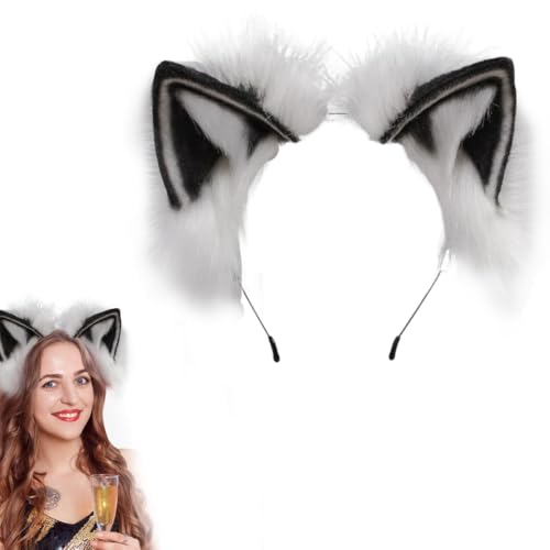 JAWUZ 1 Stück Therian Katzenohren Haarreif Erwachsene, Einstellbar Handgefertigtes Fell Fuchs Katzenohren Stirnband Fursuit Kopfbedeckung Cosplay Kostüm Party Zubehör(Schwarz) von JAWUZ
