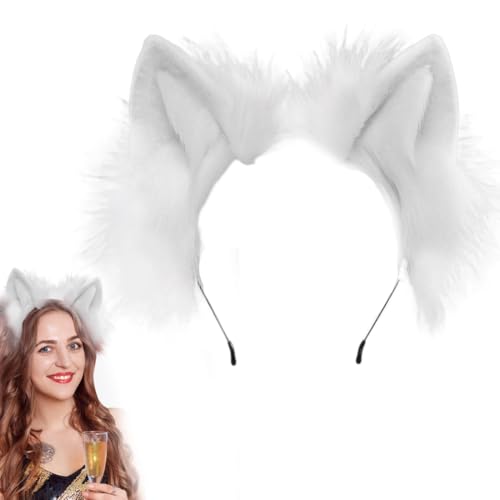 JAWUZ 1 Stück Therian Katzenohren Haarreif Erwachsene, Einstellbar Handgefertigtes Fell Fuchs Katzenohren Stirnband Fursuit Kopfbedeckung Cosplay Kostüm Party Zubehör(Weiß,C) von JAWUZ
