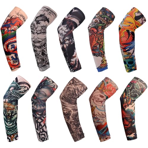 JAWUZ 10 Stück Tattoo Ärmel Set Gefälschte Sonnencreme Armlinge,Tattoo Ärmel Tattoo Armstrumpf für Männer Frauen Nylon Temporäre Tätowierung Tattoo Strumpf Arm für Halloween Basketball Radfahren von JAWUZ