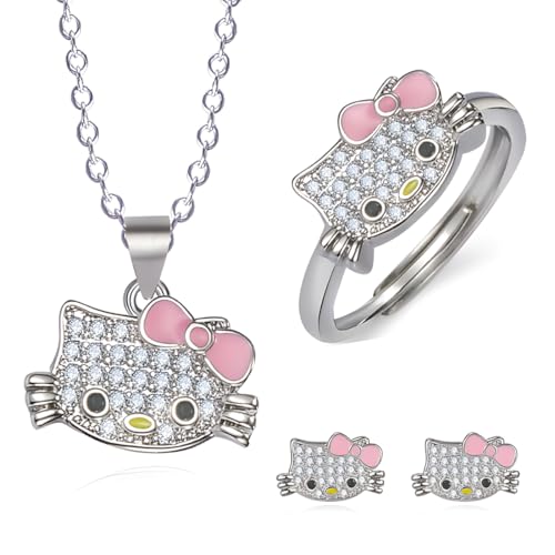 JAWUZ 3 Stück Hello Kitty Kette, Schmuck Set, Set Ring Und Kette Ohrringe Für Hallo Kitty,Kawaii Diamant Katze Halskette,Jewelry, Geschenke Für Mädchen(A) von JAWUZ